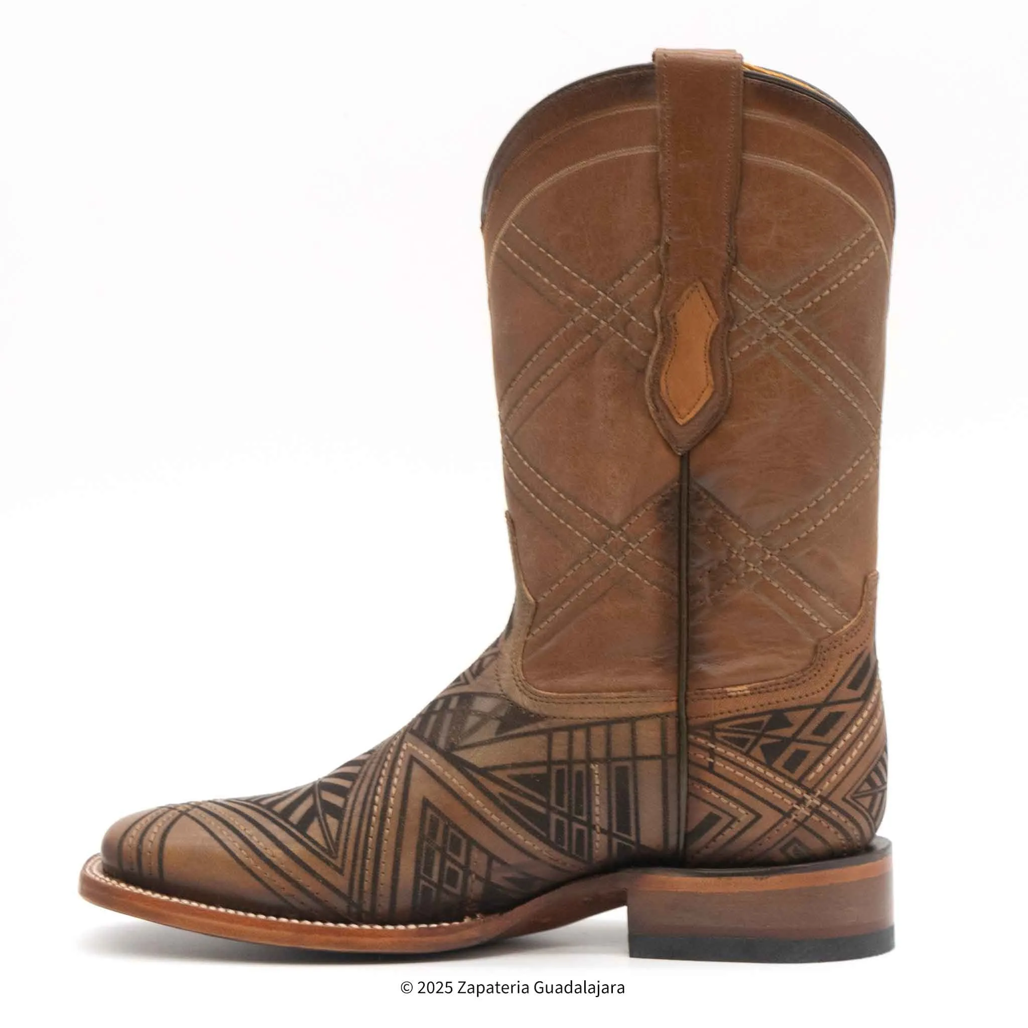 MEN'S WIDE SQUARE TOE LASER ENGRAVED HONEY LEATHER BOOT - H52R2651