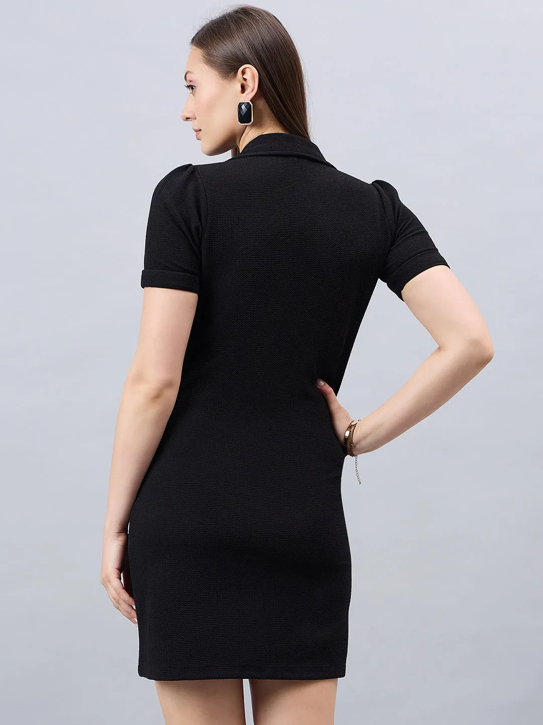 Style Quotient Women Solid Black Texture Polyester Regular Fit Semi Formal Blazer Dress