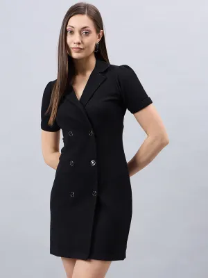 Style Quotient Women Solid Black Texture Polyester Regular Fit Semi Formal Blazer Dress