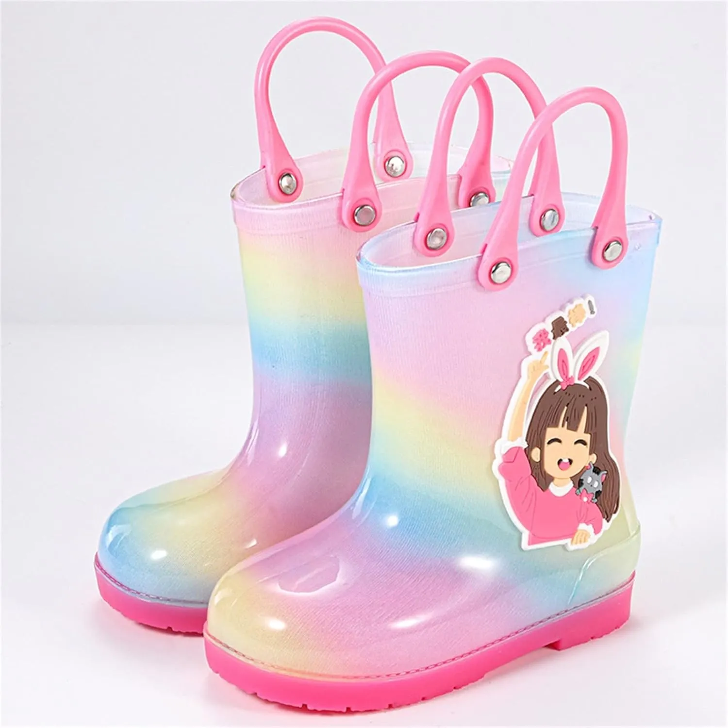 Toddler Kids Rain Boots for Girls Rainy Days Rubber Cute Girls RainbowPrinted with Easy On Boots High Heels for Kids