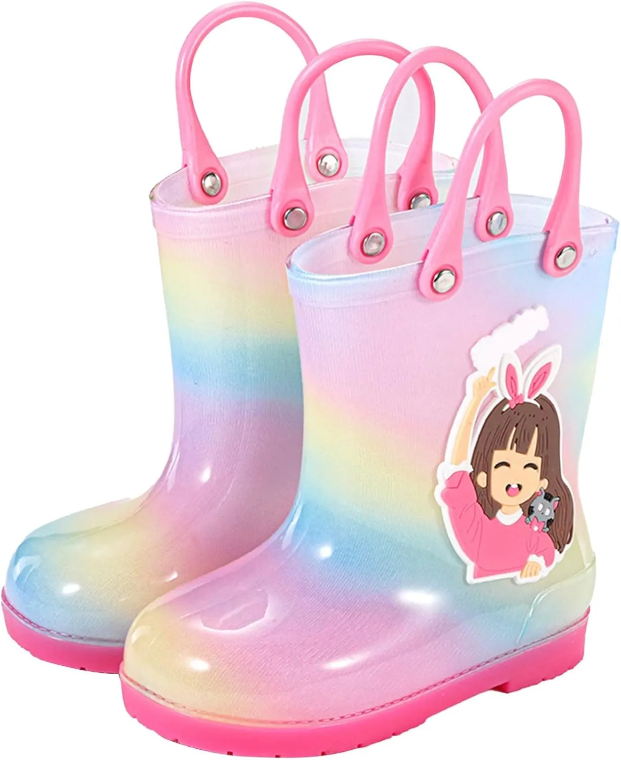 Toddler Kids Rain Boots for Girls Rainy Days Rubber Cute Girls RainbowPrinted with Easy On Boots High Heels for Kids