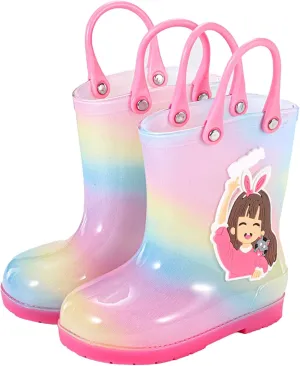 Toddler Kids Rain Boots for Girls Rainy Days Rubber Cute Girls RainbowPrinted with Easy On Boots High Heels for Kids