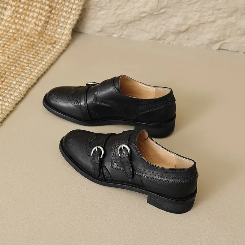 Vintage Handmade Leather Monk Strap Brogue Loafers with Low Block Heel Black/Brown