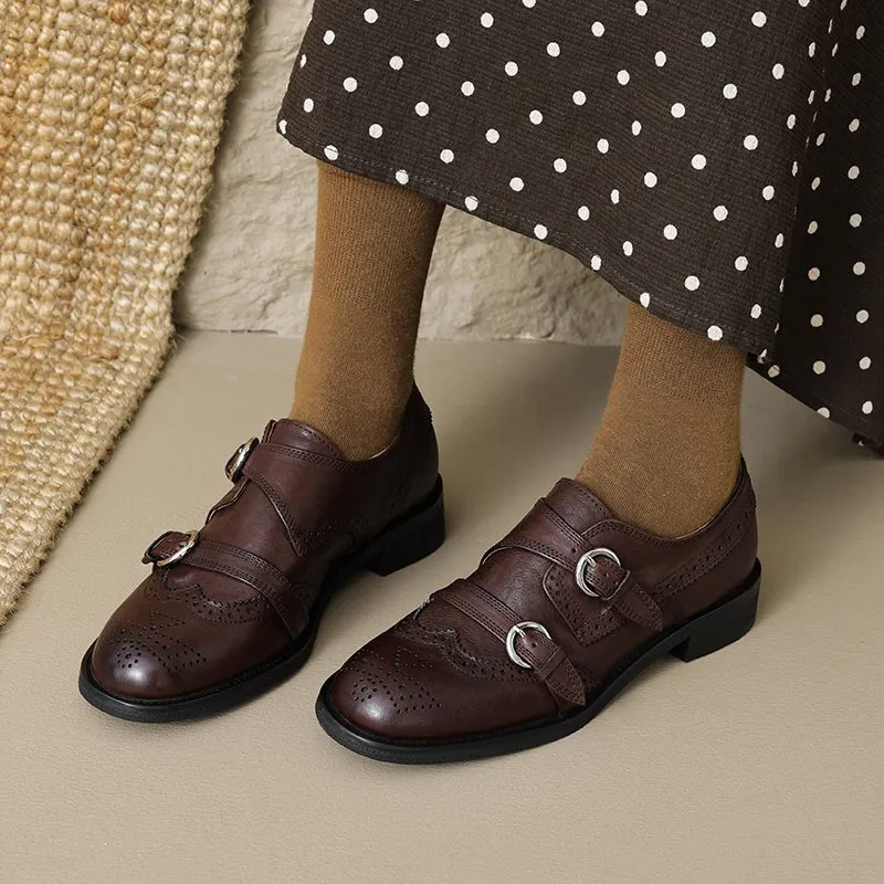 Vintage Handmade Leather Monk Strap Brogue Loafers with Low Block Heel Black/Brown