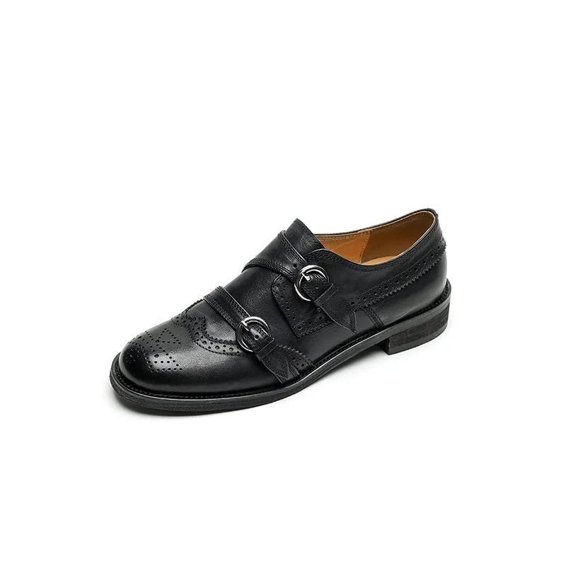 Vintage Handmade Leather Monk Strap Brogue Loafers with Low Block Heel Black/Brown