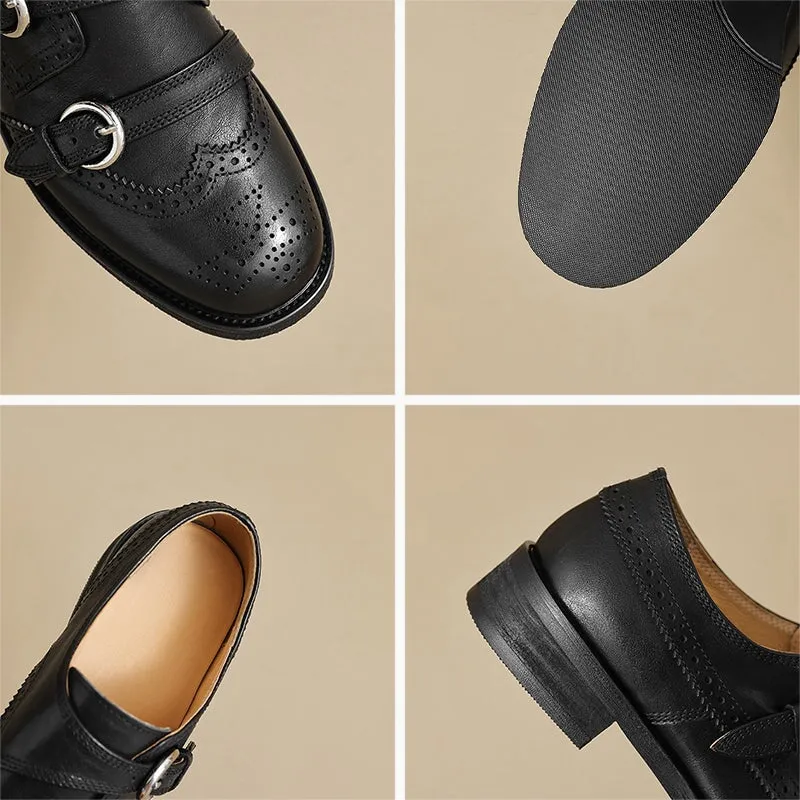 Vintage Handmade Leather Monk Strap Brogue Loafers with Low Block Heel Black/Brown