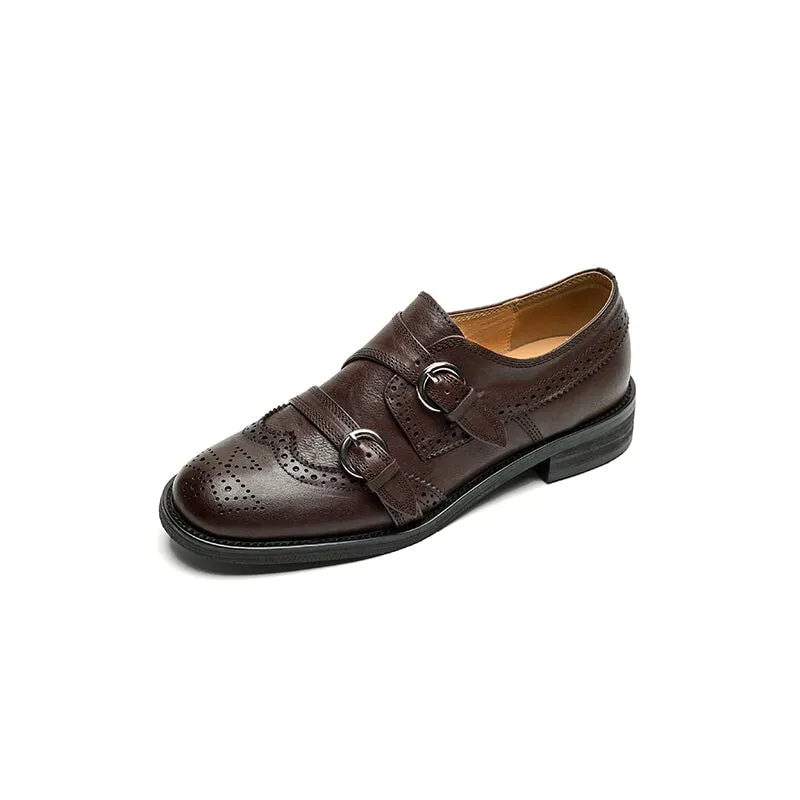 Vintage Handmade Leather Monk Strap Brogue Loafers with Low Block Heel Black/Brown
