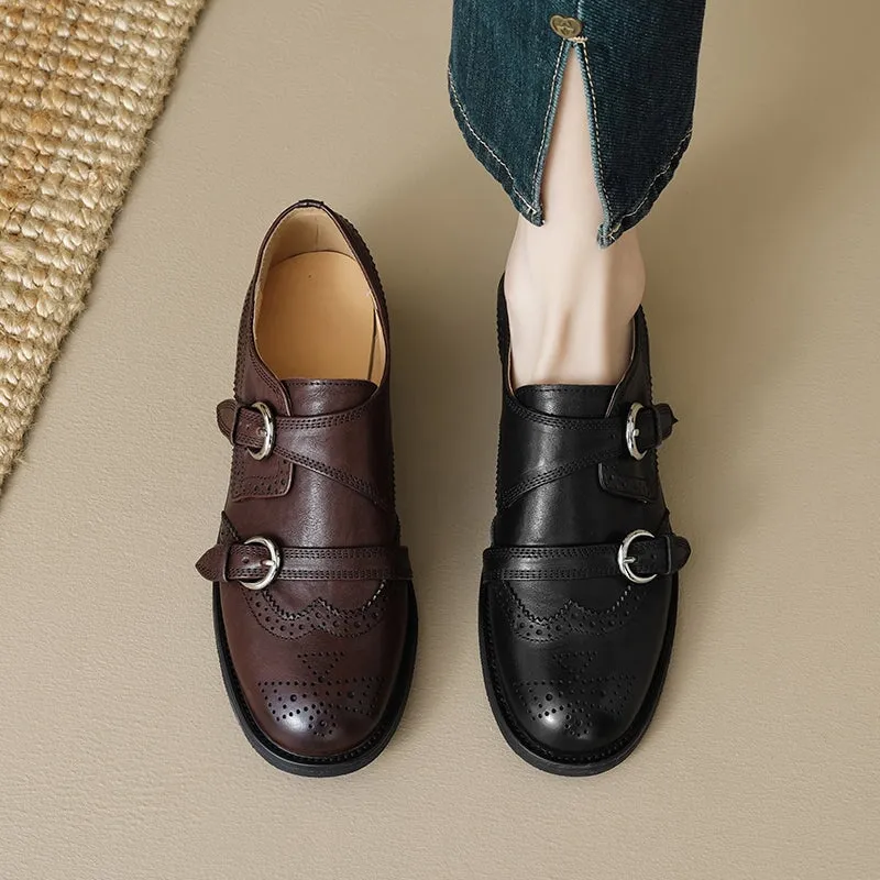 Vintage Handmade Leather Monk Strap Brogue Loafers with Low Block Heel Black/Brown