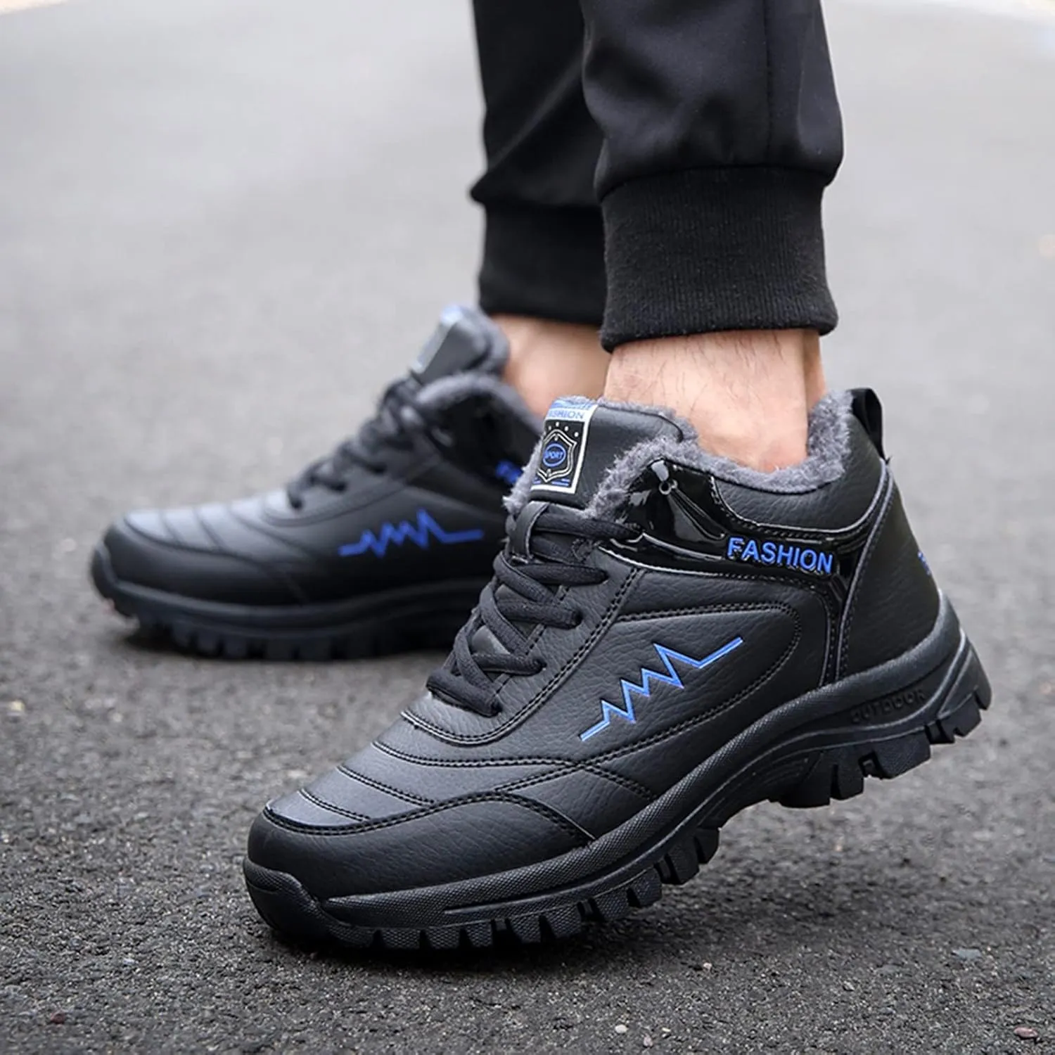 Work Boots for Men Waterproof Hiking Sneakers Warm Fur Lined Workout Shoes for Women Nonslip Lightweight Outdoor Botas Mid Ankle Work Casual Hike Grounded Footwear