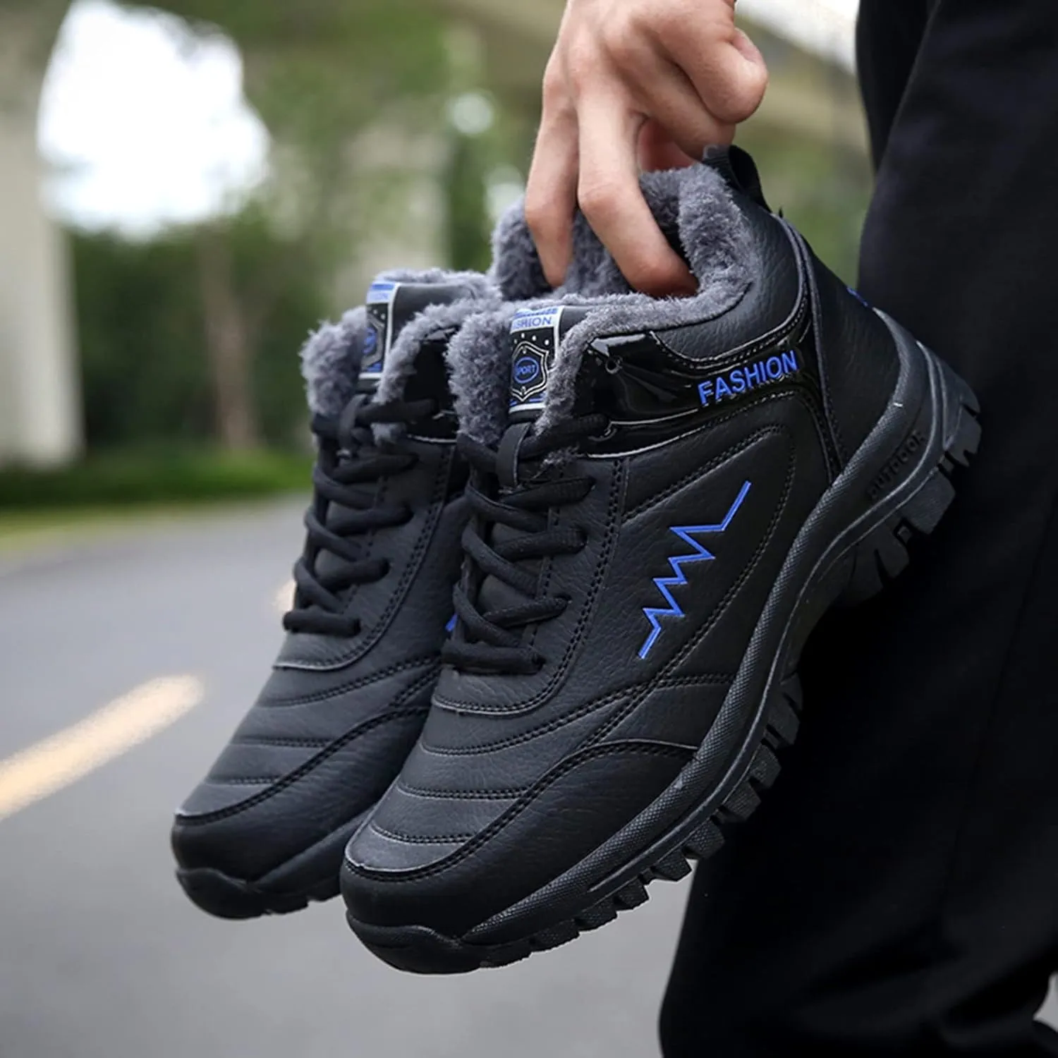 Work Boots for Men Waterproof Hiking Sneakers Warm Fur Lined Workout Shoes for Women Nonslip Lightweight Outdoor Botas Mid Ankle Work Casual Hike Grounded Footwear
