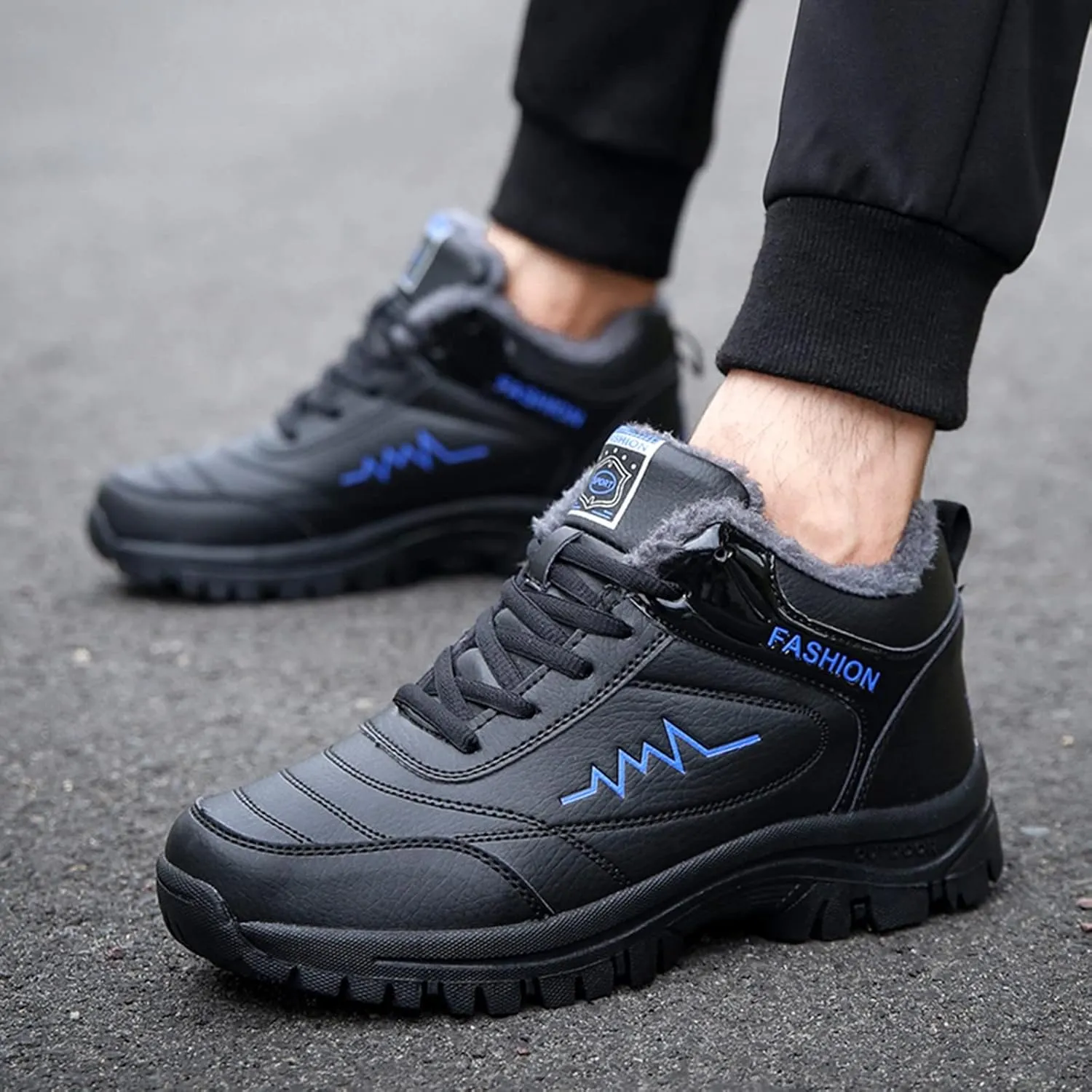 Work Boots for Men Waterproof Hiking Sneakers Warm Fur Lined Workout Shoes for Women Nonslip Lightweight Outdoor Botas Mid Ankle Work Casual Hike Grounded Footwear
