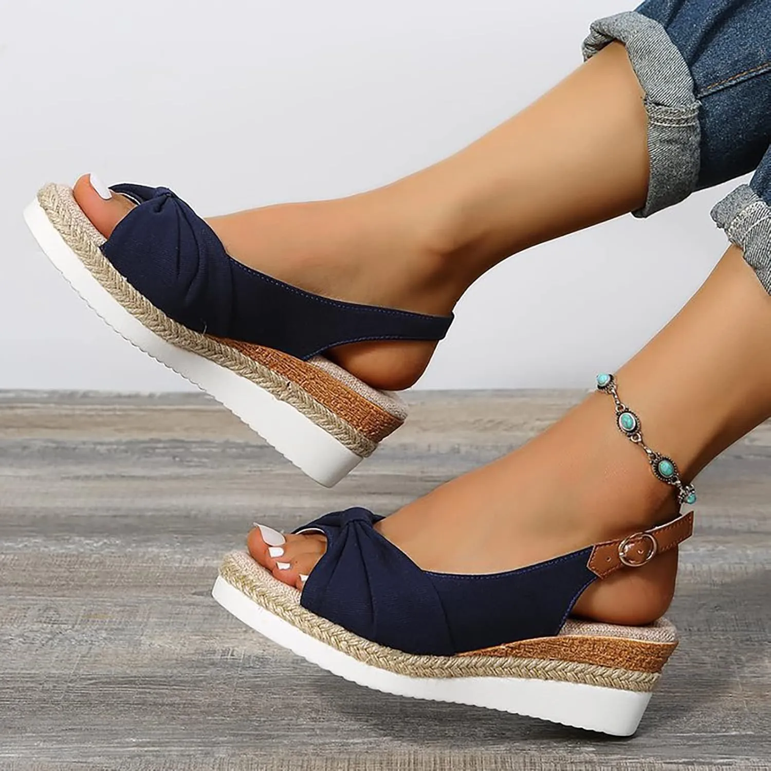 ZSpzx Orthopedic Sandals for Women,Espadrille 2025 Dressy Summer Platform Womens Wedge Sandals Dressy Summer Bow Open Toe Ankle Strap Beach Casual Slip on Slippers Comfortable Walking Outdoor Shoes