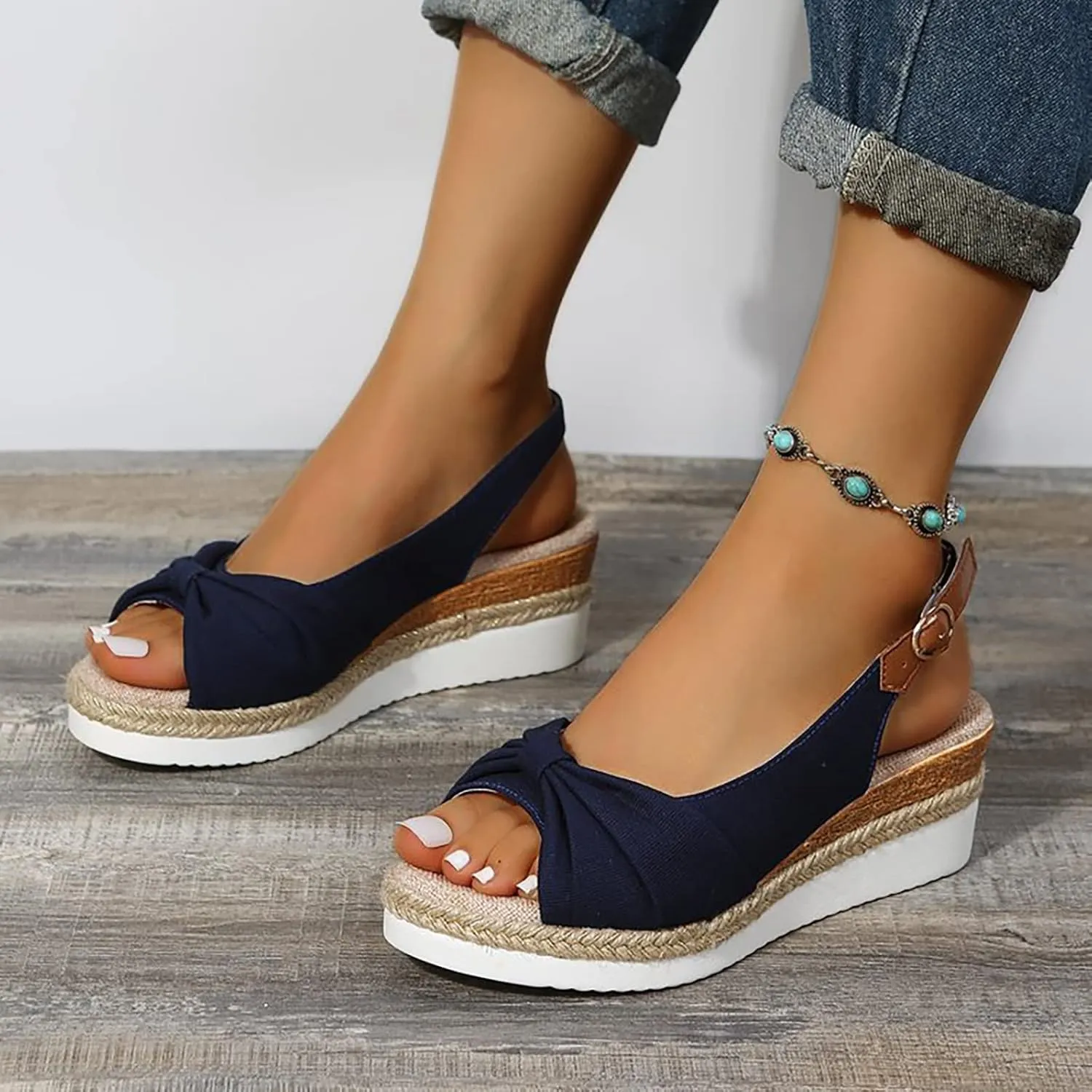 ZSpzx Orthopedic Sandals for Women,Espadrille 2025 Dressy Summer Platform Womens Wedge Sandals Dressy Summer Bow Open Toe Ankle Strap Beach Casual Slip on Slippers Comfortable Walking Outdoor Shoes