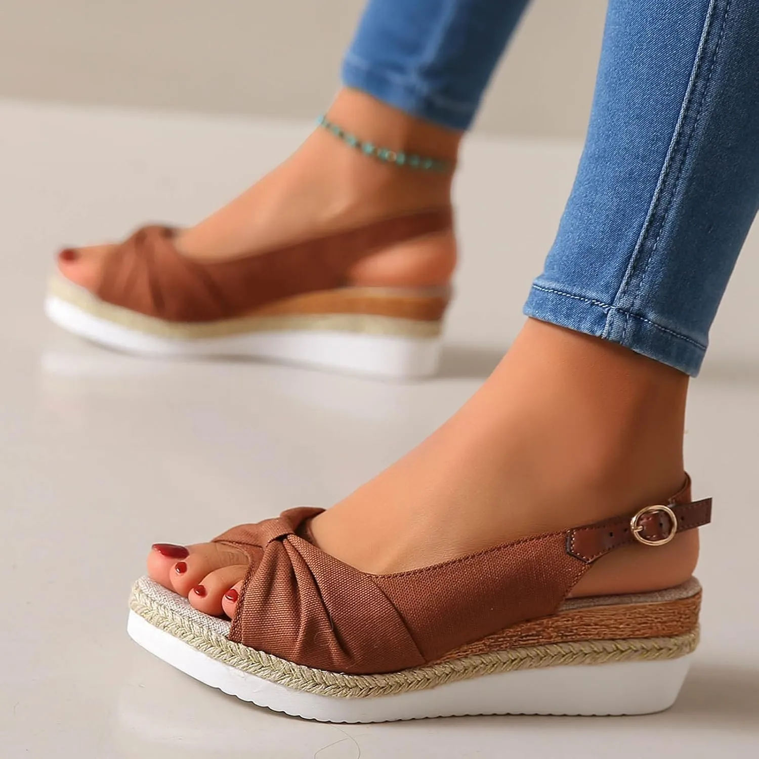 ZSpzx Orthopedic Sandals for Women,Espadrille 2025 Dressy Summer Platform Womens Wedge Sandals Dressy Summer Bow Open Toe Ankle Strap Beach Casual Slip on Slippers Comfortable Walking Outdoor Shoes