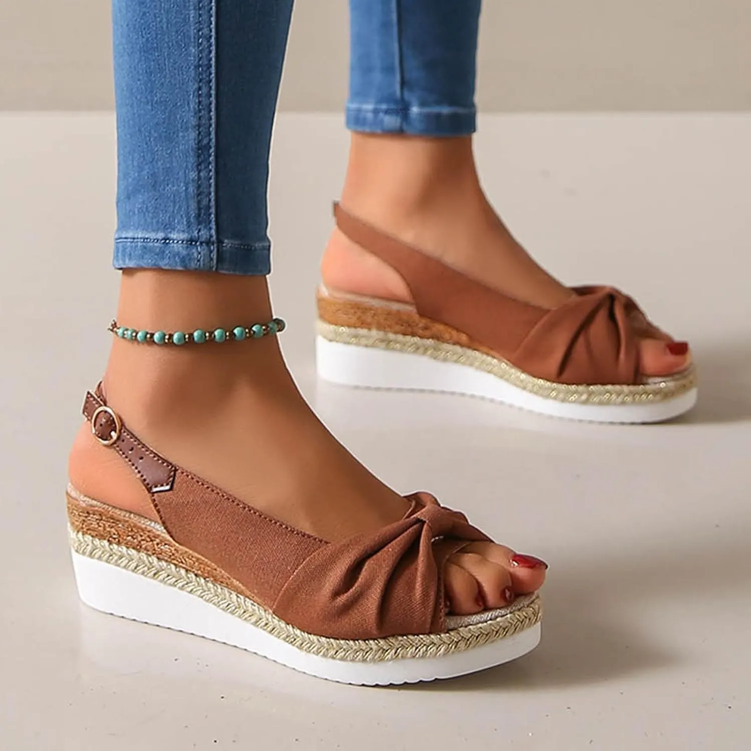 ZSpzx Orthopedic Sandals for Women,Espadrille 2025 Dressy Summer Platform Womens Wedge Sandals Dressy Summer Bow Open Toe Ankle Strap Beach Casual Slip on Slippers Comfortable Walking Outdoor Shoes