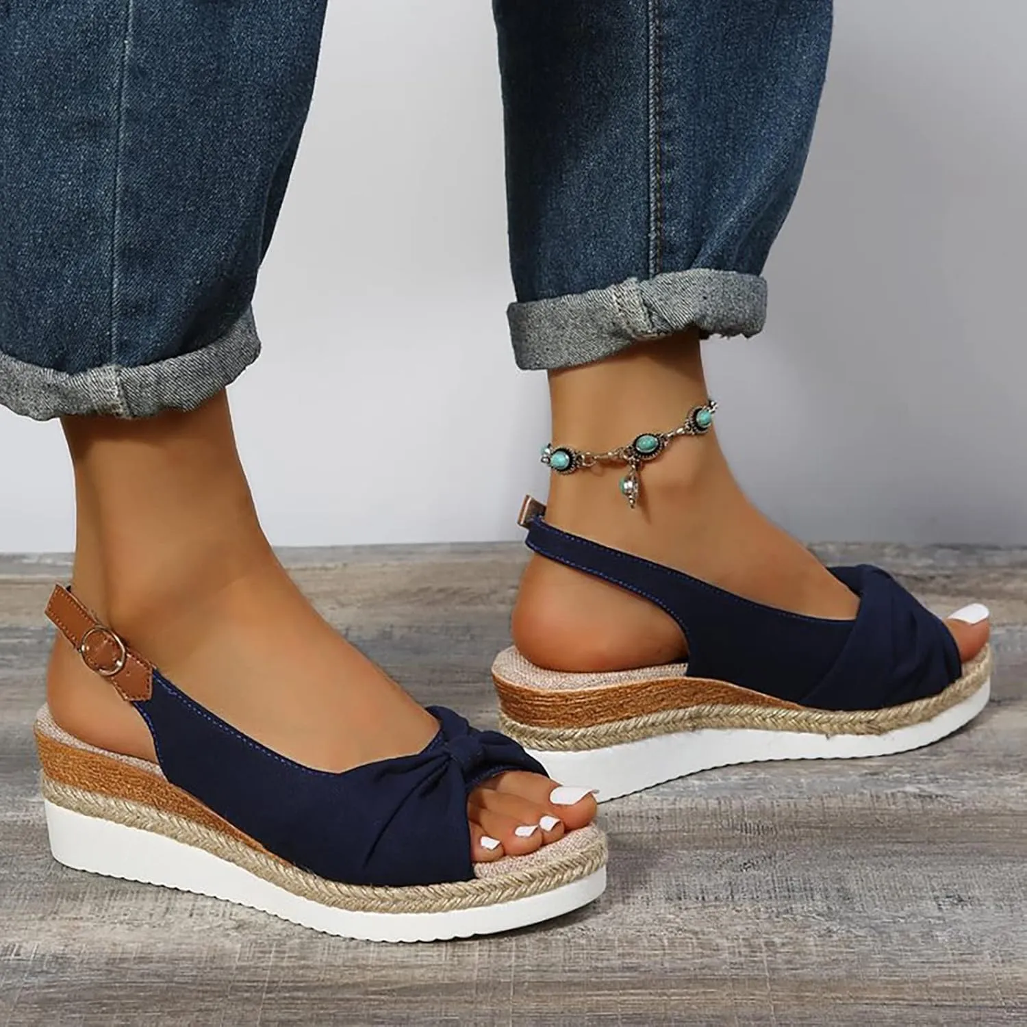 ZSpzx Orthopedic Sandals for Women,Espadrille 2025 Dressy Summer Platform Womens Wedge Sandals Dressy Summer Bow Open Toe Ankle Strap Beach Casual Slip on Slippers Comfortable Walking Outdoor Shoes