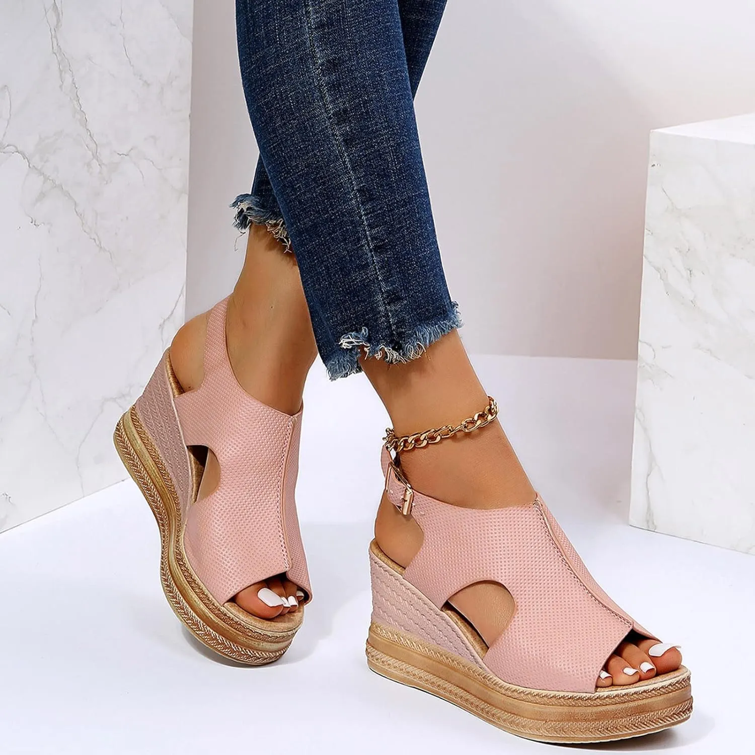 ZSpzx Platform Wedge Sandals for Women 2025 Dressy Summer Open Toe Women's Orthopedic Ankle Strap Sandal Slip on Womens Comfortable Wedges High Heel Beach Shoes for Daily Wear