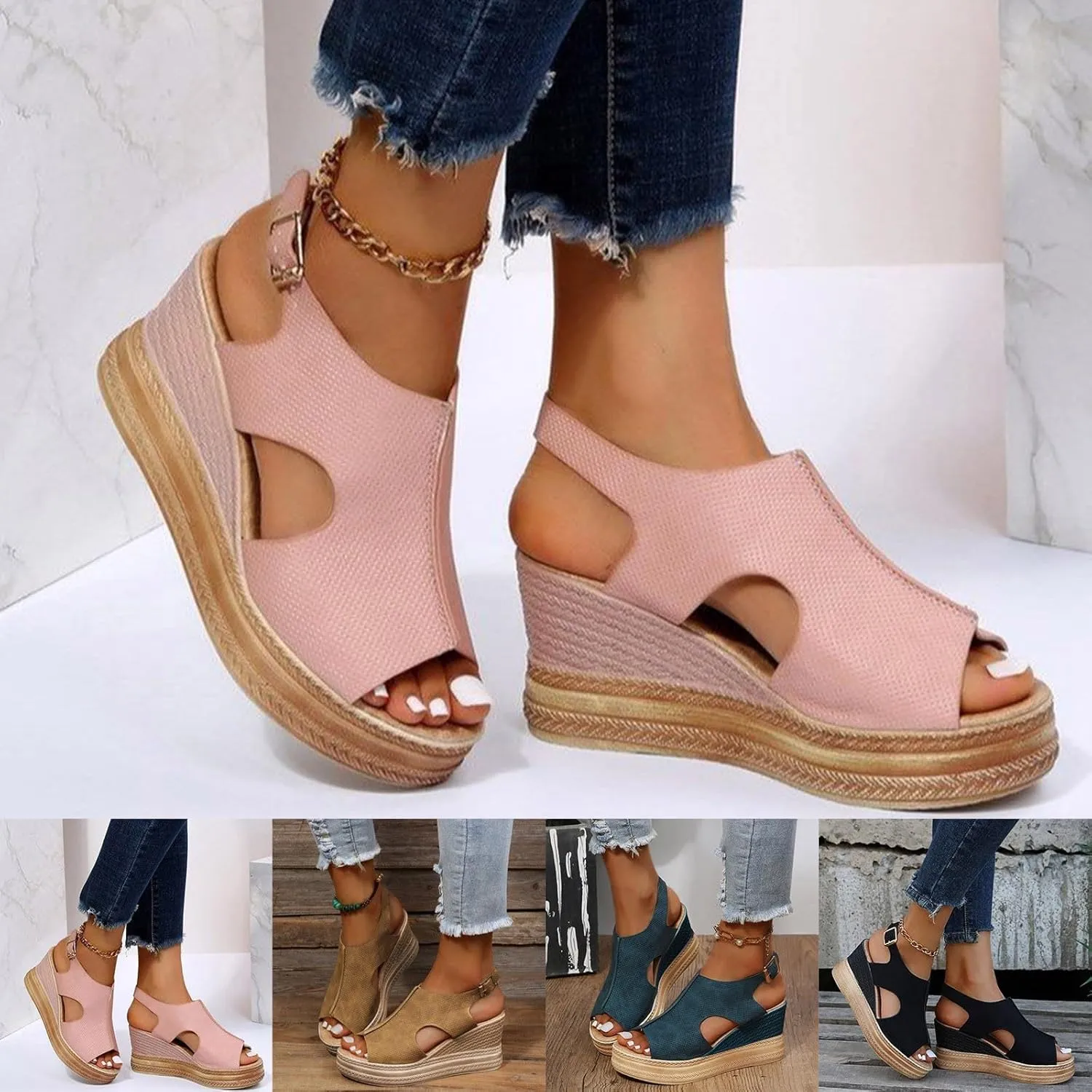ZSpzx Platform Wedge Sandals for Women 2025 Dressy Summer Open Toe Women's Orthopedic Ankle Strap Sandal Slip on Womens Comfortable Wedges High Heel Beach Shoes for Daily Wear