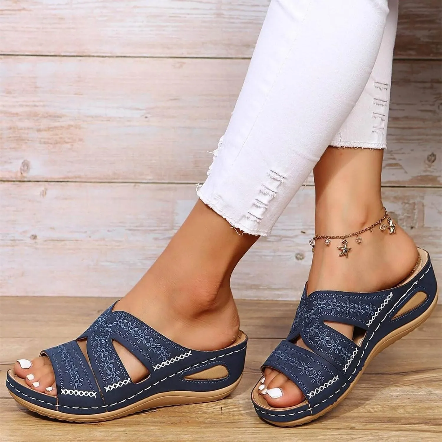 ZSpzx Sandals For Women 2025,Orthopedic Wedge Platform Sandals Comfortable Dressy Summer Hollow Out Open Toe Slippers Flat Casual Boho Slip on Beach Sandals Outdoor Walking Shoes for Travel