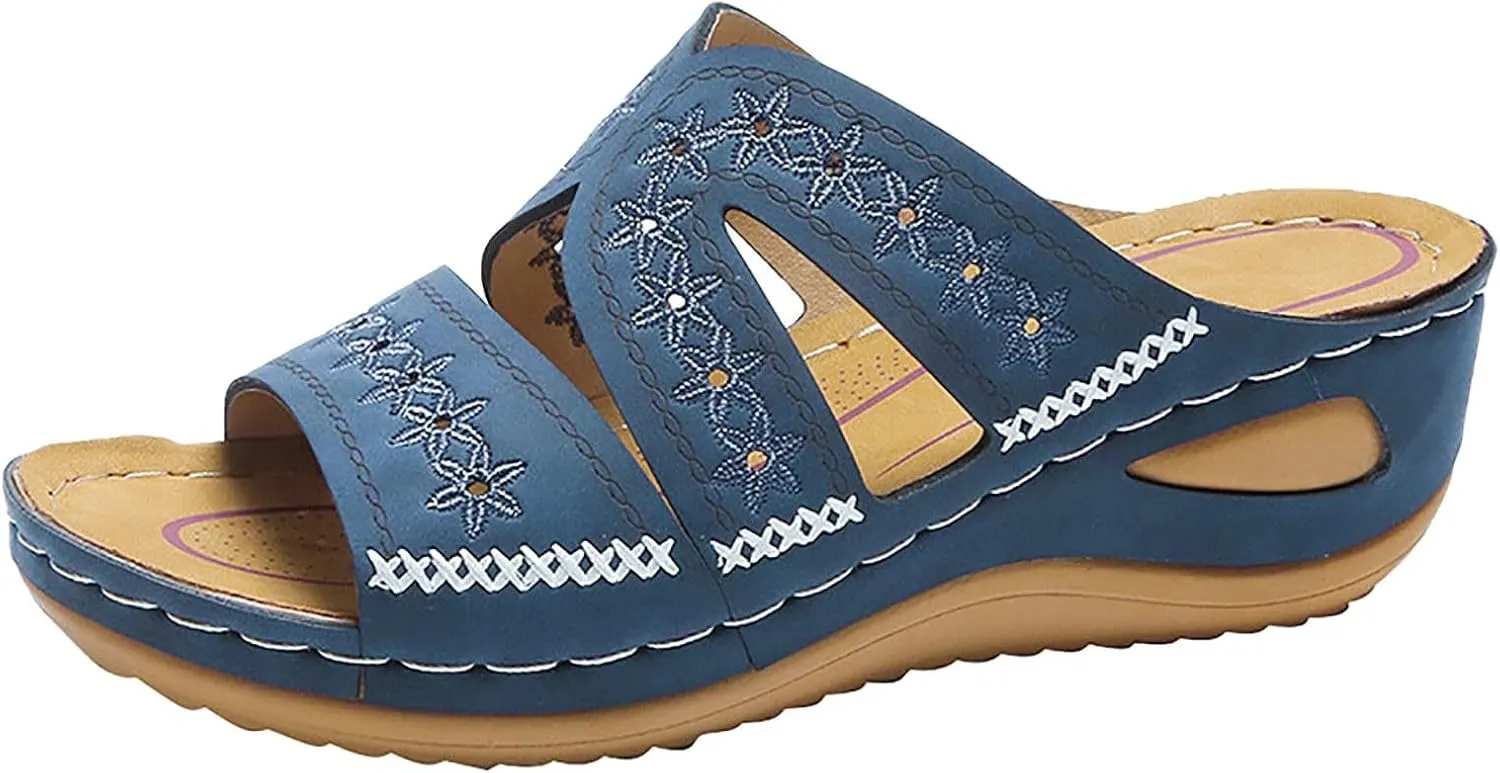 ZSpzx Sandals For Women 2025,Orthopedic Wedge Platform Sandals Comfortable Dressy Summer Hollow Out Open Toe Slippers Flat Casual Boho Slip on Beach Sandals Outdoor Walking Shoes for Travel