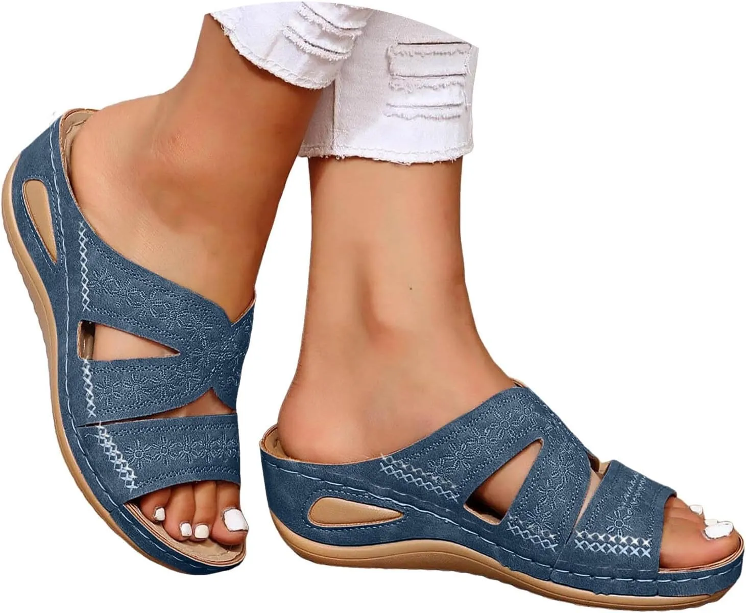 ZSpzx Sandals For Women 2025,Orthopedic Wedge Platform Sandals Comfortable Dressy Summer Hollow Out Open Toe Slippers Flat Casual Boho Slip on Beach Sandals Outdoor Walking Shoes for Travel