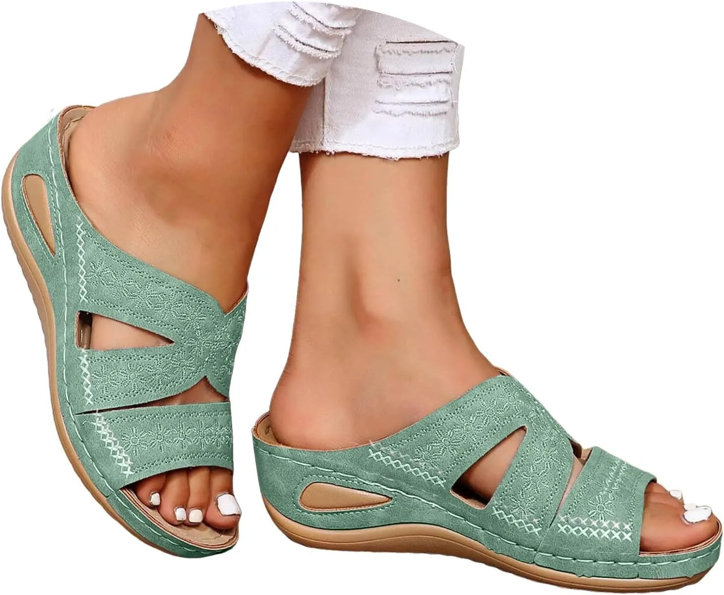 ZSpzx Sandals For Women 2025,Orthopedic Wedge Platform Sandals Comfortable Dressy Summer Hollow Out Open Toe Slippers Flat Casual Boho Slip on Beach Sandals Outdoor Walking Shoes for Travel