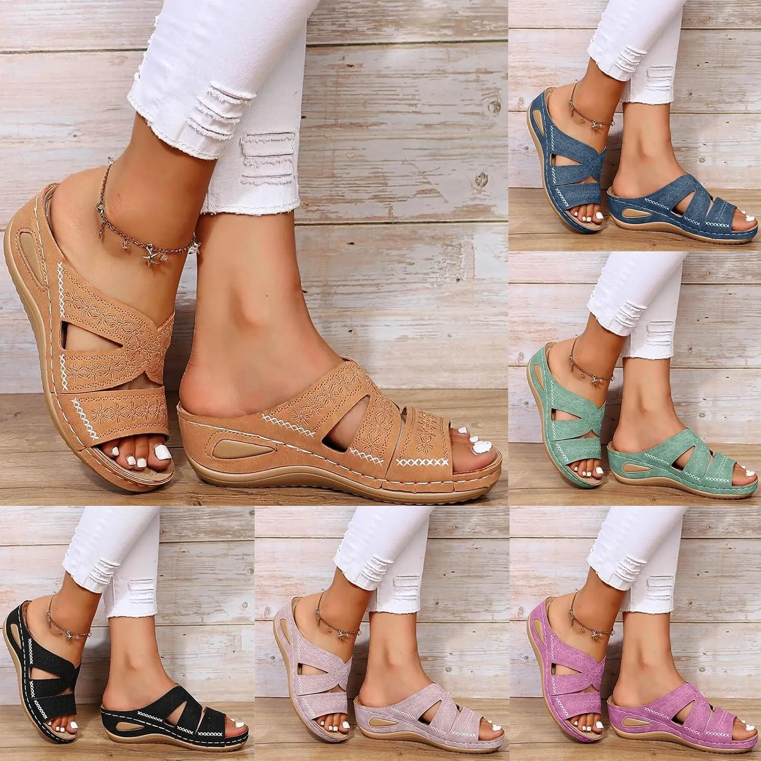 ZSpzx Sandals For Women 2025,Orthopedic Wedge Platform Sandals Comfortable Dressy Summer Hollow Out Open Toe Slippers Flat Casual Boho Slip on Beach Sandals Outdoor Walking Shoes for Travel