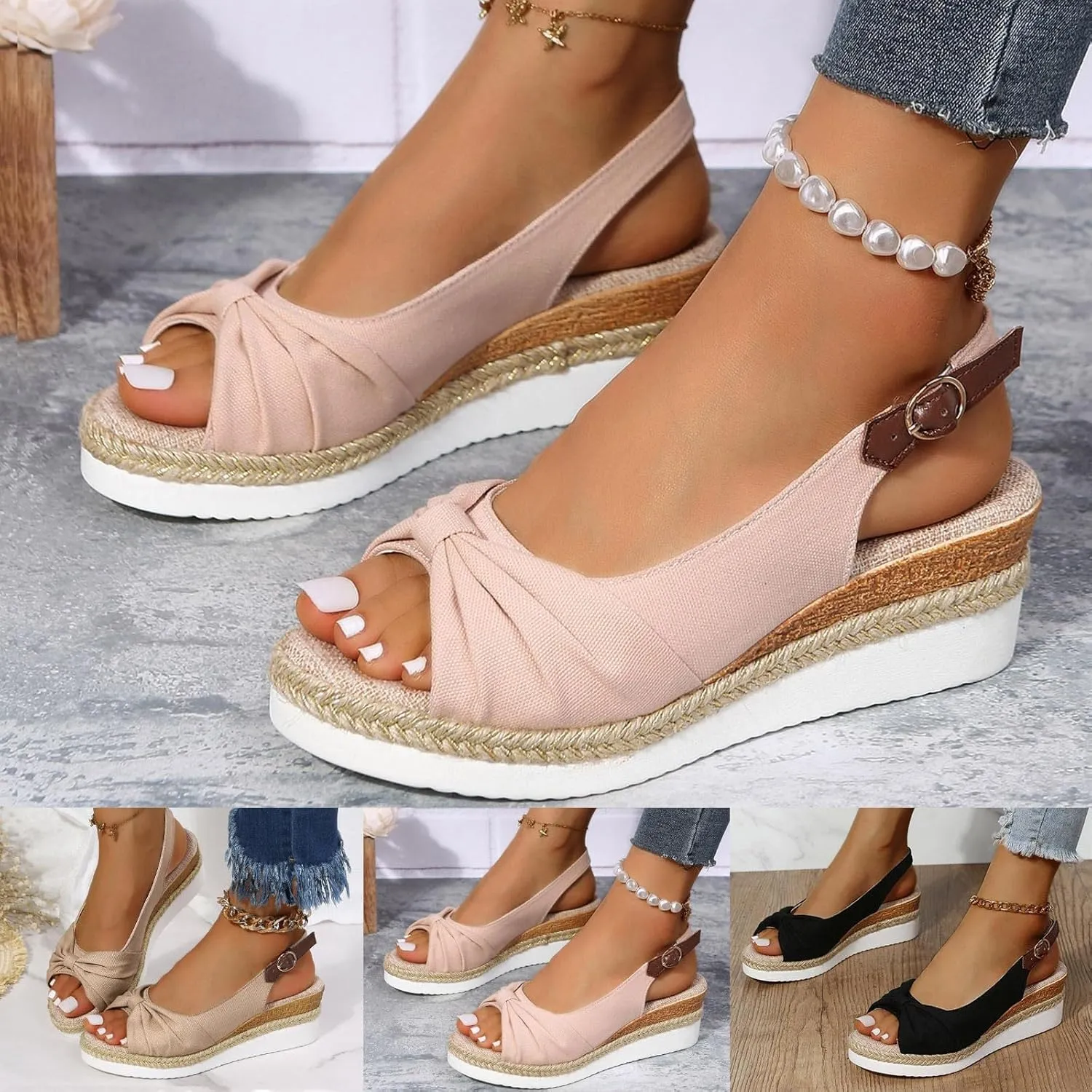 ZSpzx Womens Espadrilles Wedge Sandals Orthopedic for Women Dressy Summer 2025 Slides Comfortable Platform Slip on Bow Knot Open Toe Ankle Strap Beach Casual Slippers Walking Indoor Outdoor Shoes