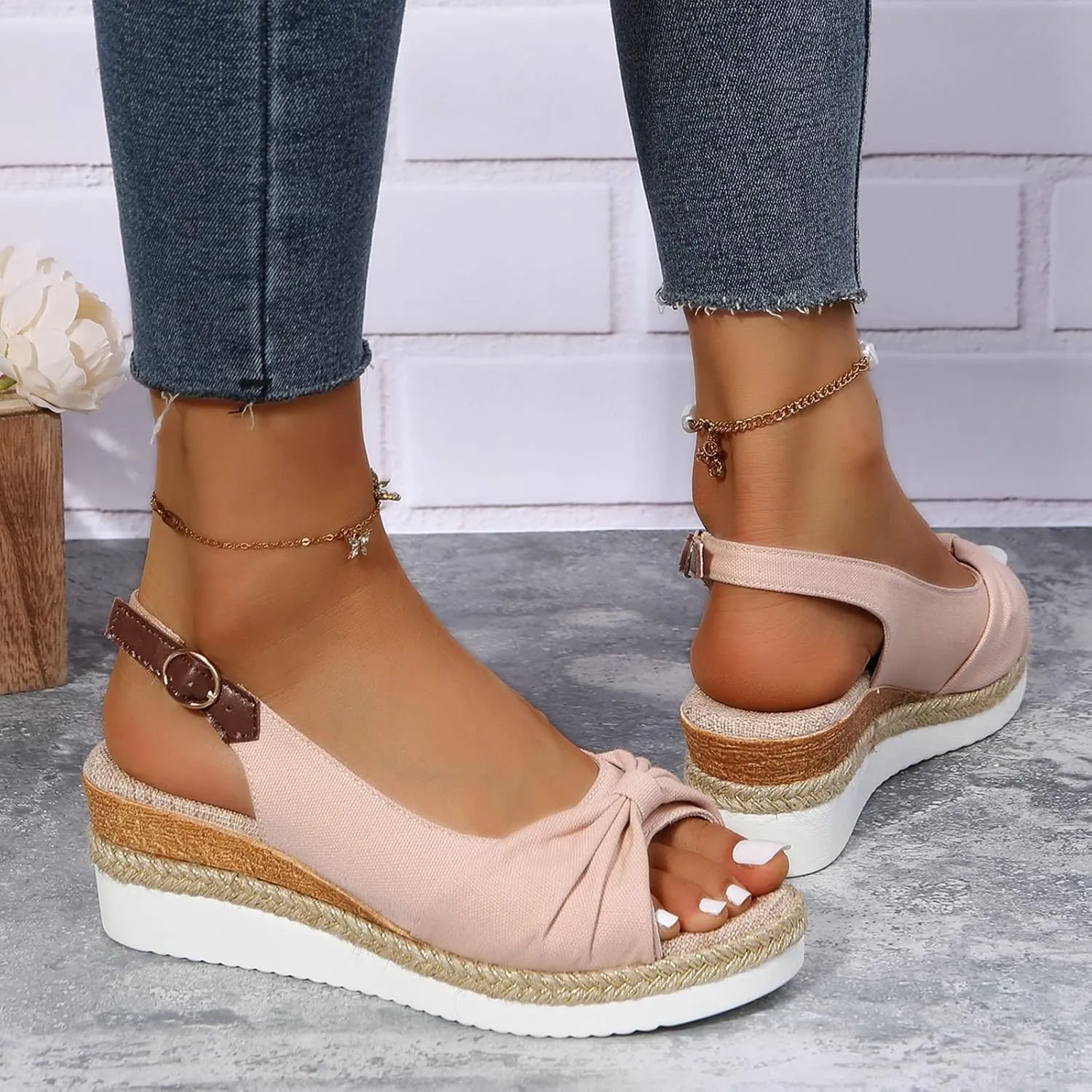 ZSpzx Womens Espadrilles Wedge Sandals Orthopedic for Women Dressy Summer 2025 Slides Comfortable Platform Slip on Bow Knot Open Toe Ankle Strap Beach Casual Slippers Walking Indoor Outdoor Shoes