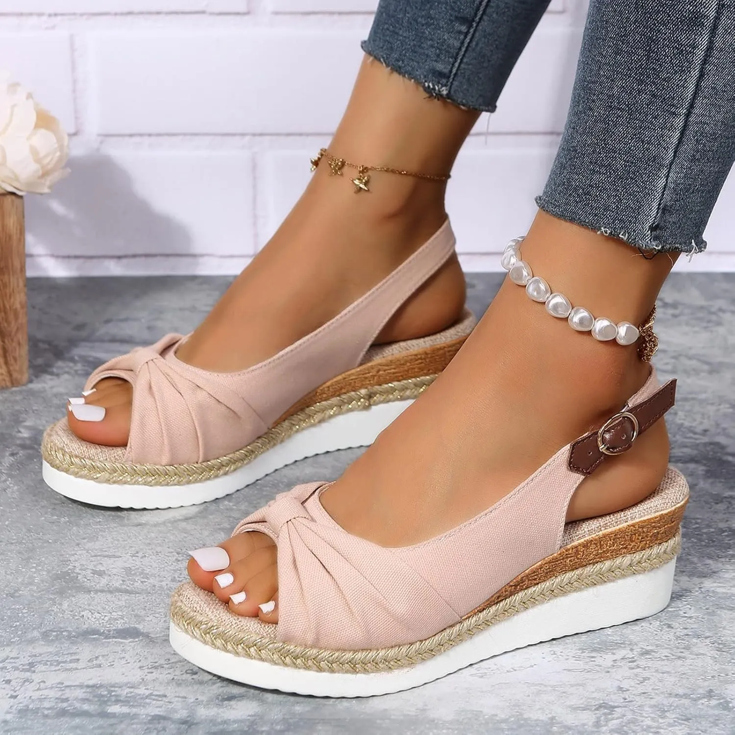 ZSpzx Womens Espadrilles Wedge Sandals Orthopedic for Women Dressy Summer 2025 Slides Comfortable Platform Slip on Bow Knot Open Toe Ankle Strap Beach Casual Slippers Walking Indoor Outdoor Shoes
