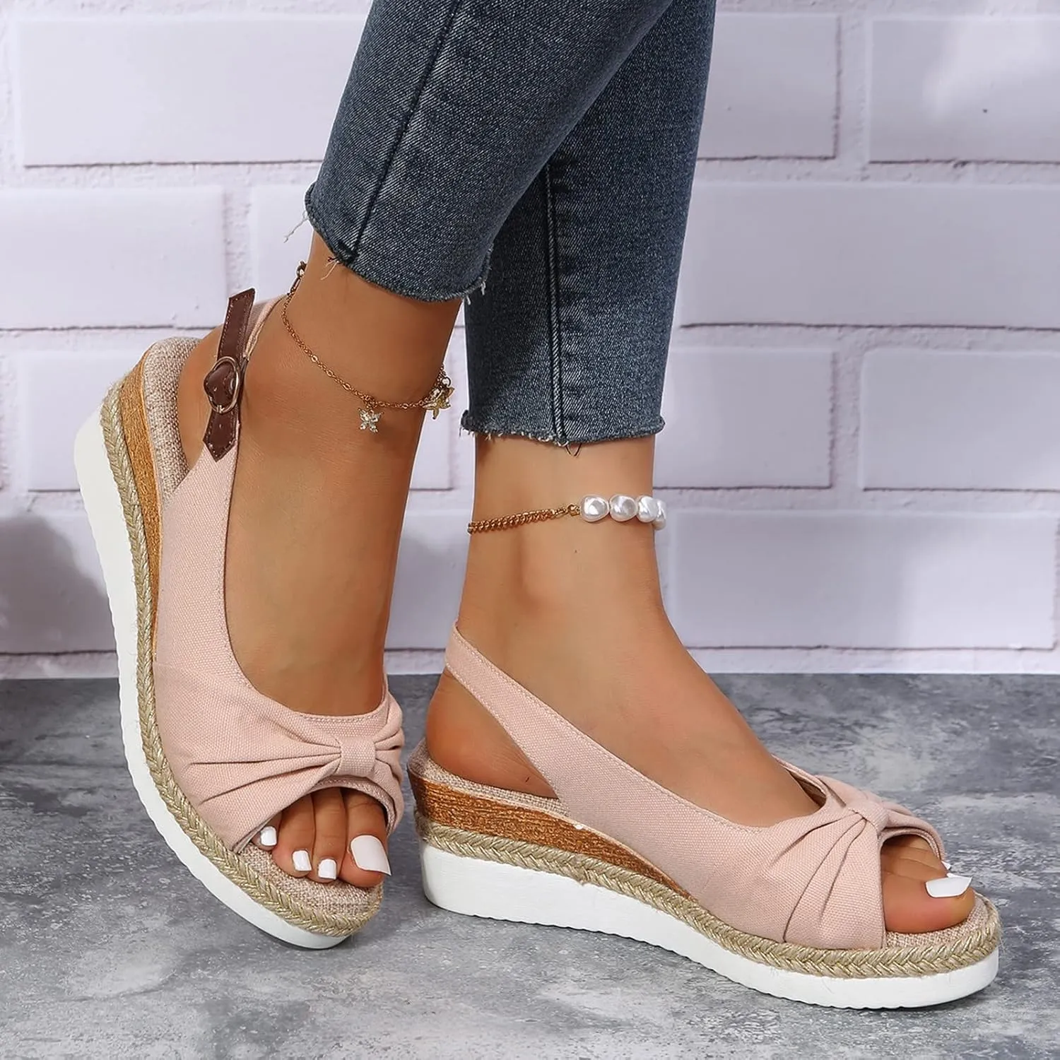 ZSpzx Womens Espadrilles Wedge Sandals Orthopedic for Women Dressy Summer 2025 Slides Comfortable Platform Slip on Bow Knot Open Toe Ankle Strap Beach Casual Slippers Walking Indoor Outdoor Shoes